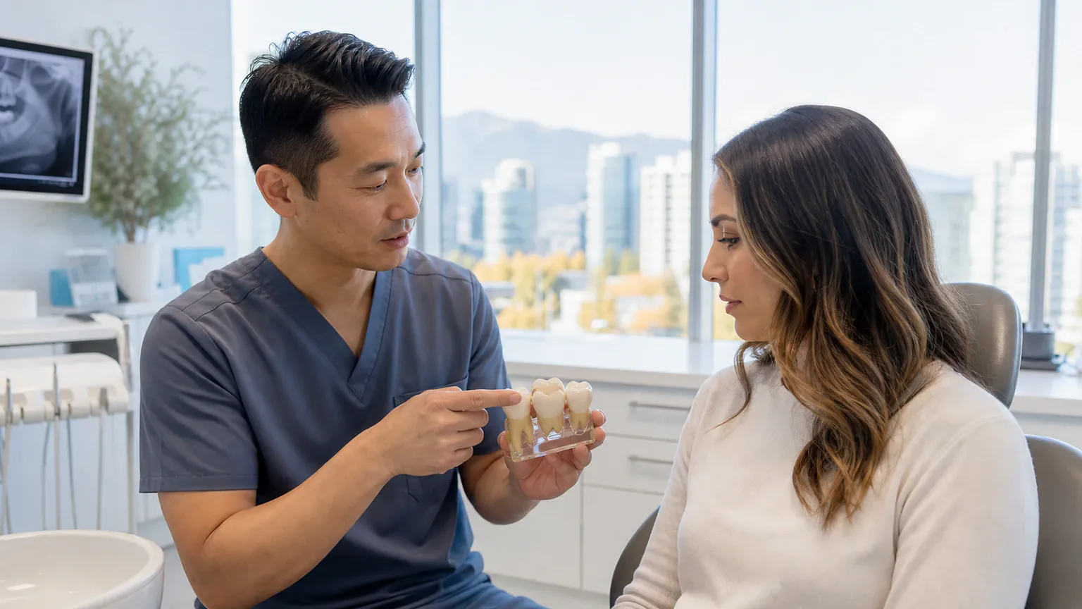 Dentist explaining a tooth-coloured filling with a dental model