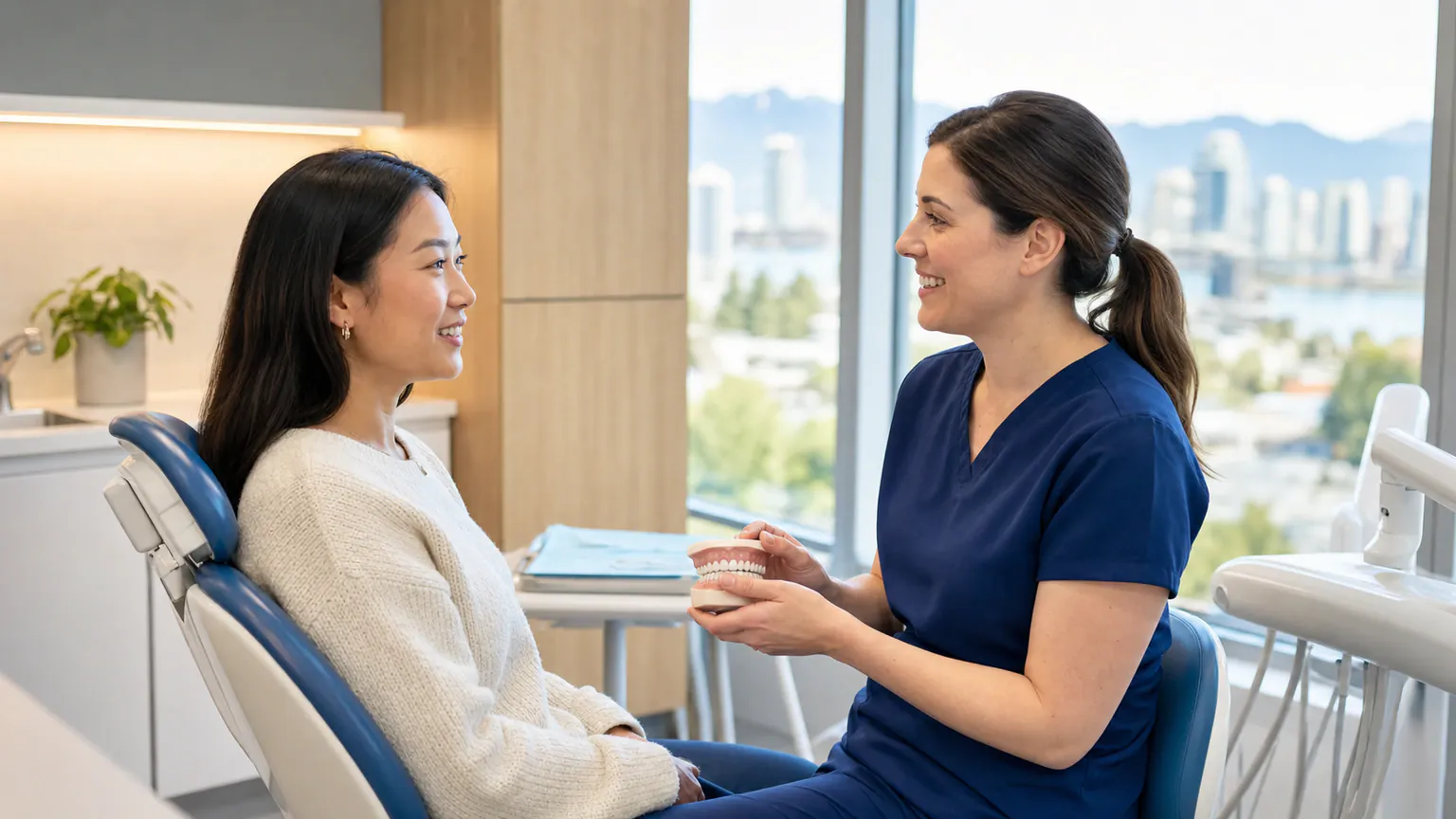 Patient speaking with a dental professional in a bright Vancouver clinic