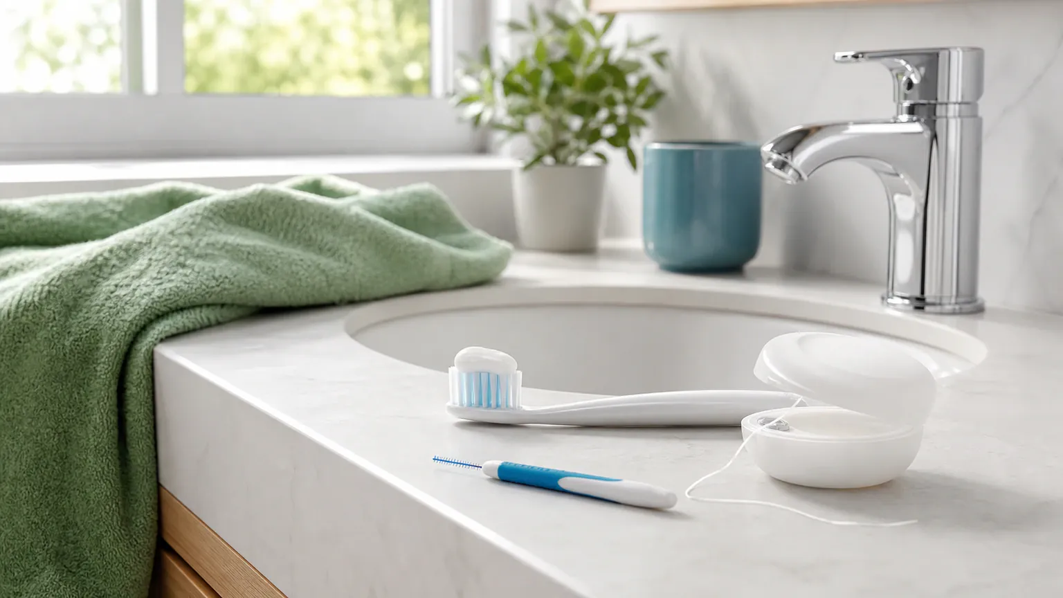 Soft toothbrush, fluoride toothpaste, and dental floss beside a sink