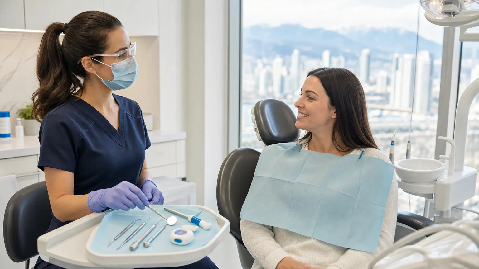 Dental hygienist preparing instruments for a professional cleaning